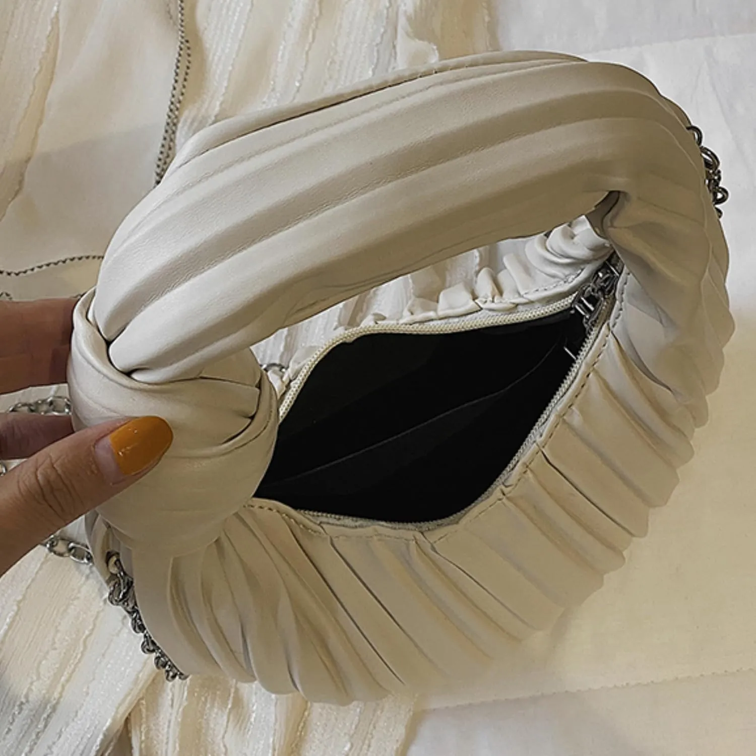 Women Knotted Woven Ruched Handbag Soft Faux Leather Purse Chic Top Handle Bag for Ladies Small Hobo Handbag
