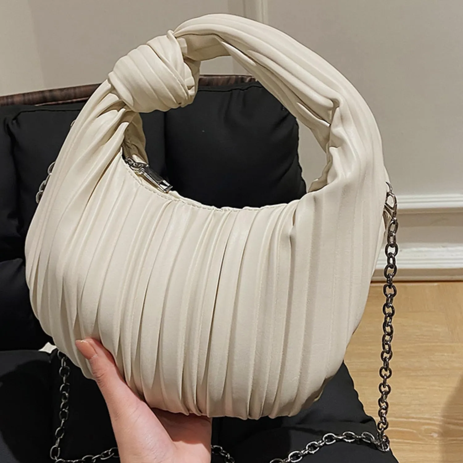 Women Knotted Woven Ruched Handbag Soft Faux Leather Purse Chic Top Handle Bag for Ladies Small Hobo Handbag