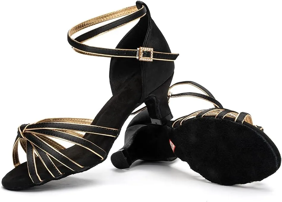 Women Latin Dance Shoes Satin Ballroom Salsa Professional Practice Dancing Shoes, Model EM-217GB-5