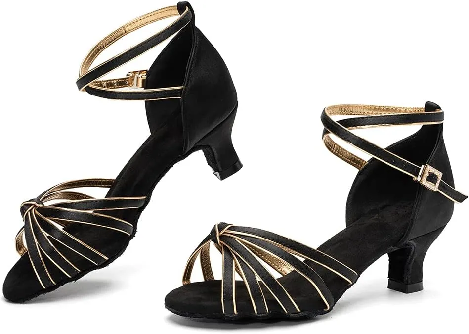 Women Latin Dance Shoes Satin Ballroom Salsa Professional Practice Dancing Shoes, Model EM-217GB-5