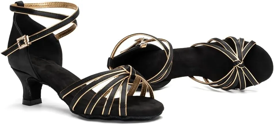 Women Latin Dance Shoes Satin Ballroom Salsa Professional Practice Dancing Shoes, Model EM-217GB-5