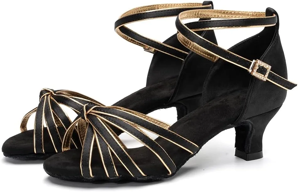 Women Latin Dance Shoes Satin Ballroom Salsa Professional Practice Dancing Shoes, Model EM-217GB-5