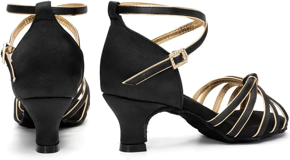 Women Latin Dance Shoes Satin Ballroom Salsa Professional Practice Dancing Shoes, Model EM-217GB-5