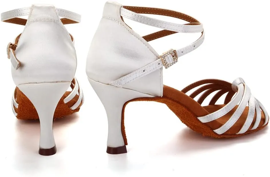 Women Latin Dance Shoes Satin Professional Ballroom Salsa Practice Performance Dance Shoes, Model EM-217GB-7cm
