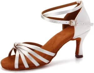 Women Latin Dance Shoes Satin Professional Ballroom Salsa Practice Performance Dance Shoes, Model EM-217GB-7cm