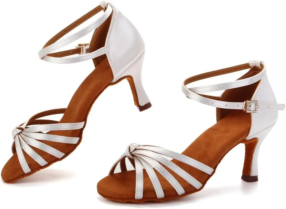 Women Latin Dance Shoes Satin Professional Ballroom Salsa Practice Performance Dance Shoes, Model EM-217GB-7cm