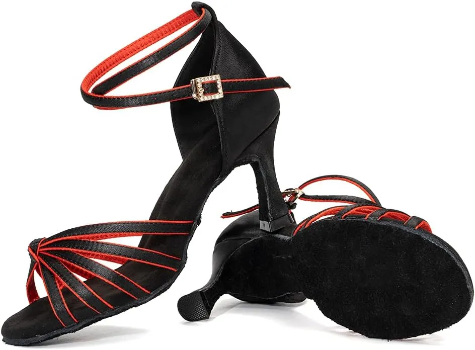 Women Latin Dance Shoes Satin Professional Ballroom Salsa Practice Performance Dance Shoes, Model EM-217GB-7cm