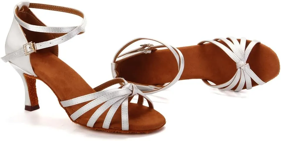 Women Latin Dance Shoes Satin Professional Ballroom Salsa Practice Performance Dance Shoes, Model EM-217GB-7cm