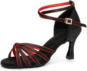 Women Latin Dance Shoes Satin Professional Ballroom Salsa Practice Performance Dance Shoes, Model EM-217GB-7cm