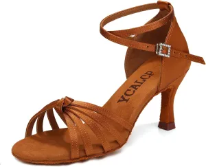 Women Latin Dance Shoes Satin Professional Ballroom Salsa Practice Performance Dance Shoes, Model EM-217GB-7cm