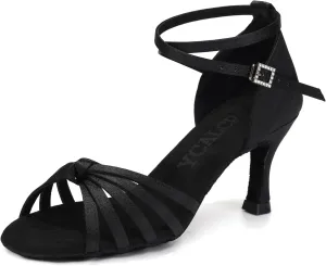 Women Latin Dance Shoes Satin Professional Ballroom Salsa Practice Performance Dance Shoes, Model EM-217GB-7cm
