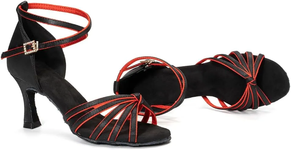 Women Latin Dance Shoes Satin Professional Ballroom Salsa Practice Performance Dance Shoes, Model EM-217GB-7cm