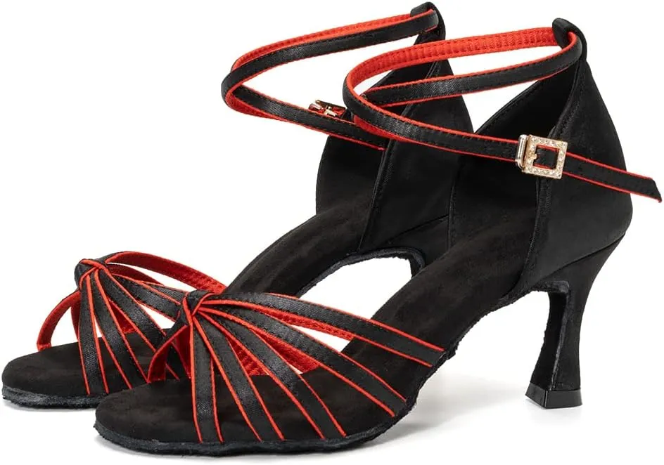 Women Latin Dance Shoes Satin Professional Ballroom Salsa Practice Performance Dance Shoes, Model EM-217GB-7cm