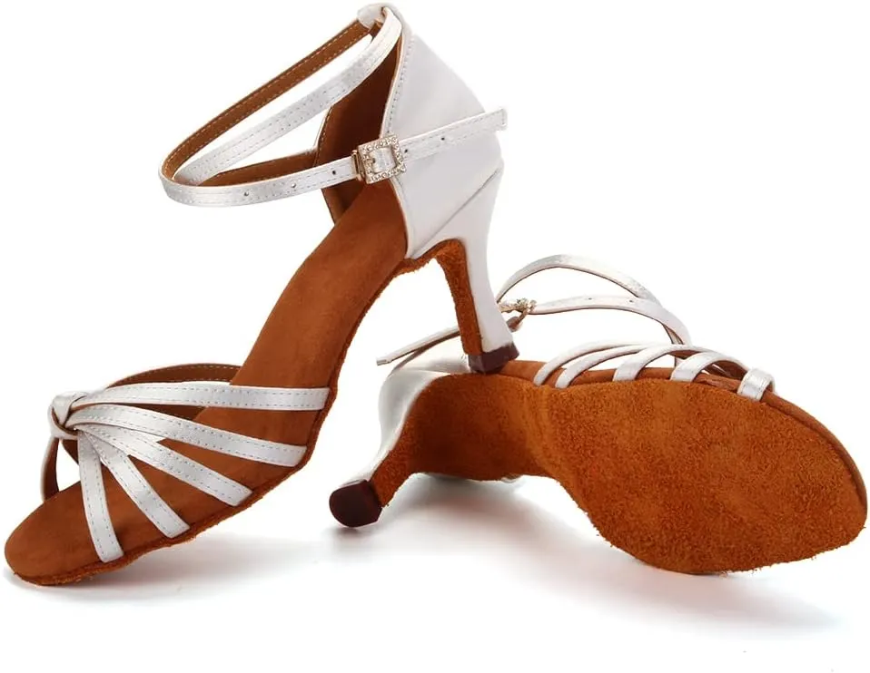 Women Latin Dance Shoes Satin Professional Ballroom Salsa Practice Performance Dance Shoes, Model EM-217GB-7cm