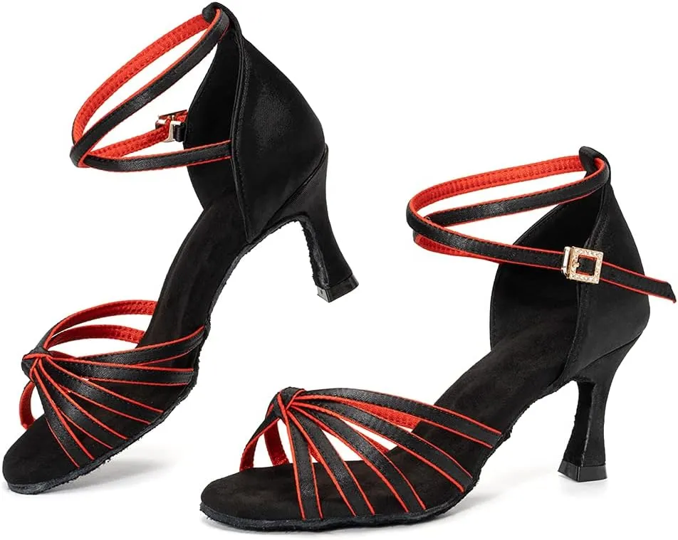 Women Latin Dance Shoes Satin Professional Ballroom Salsa Practice Performance Dance Shoes, Model EM-217GB-7cm