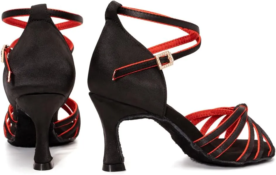 Women Latin Dance Shoes Satin Professional Ballroom Salsa Practice Performance Dance Shoes, Model EM-217GB-7cm