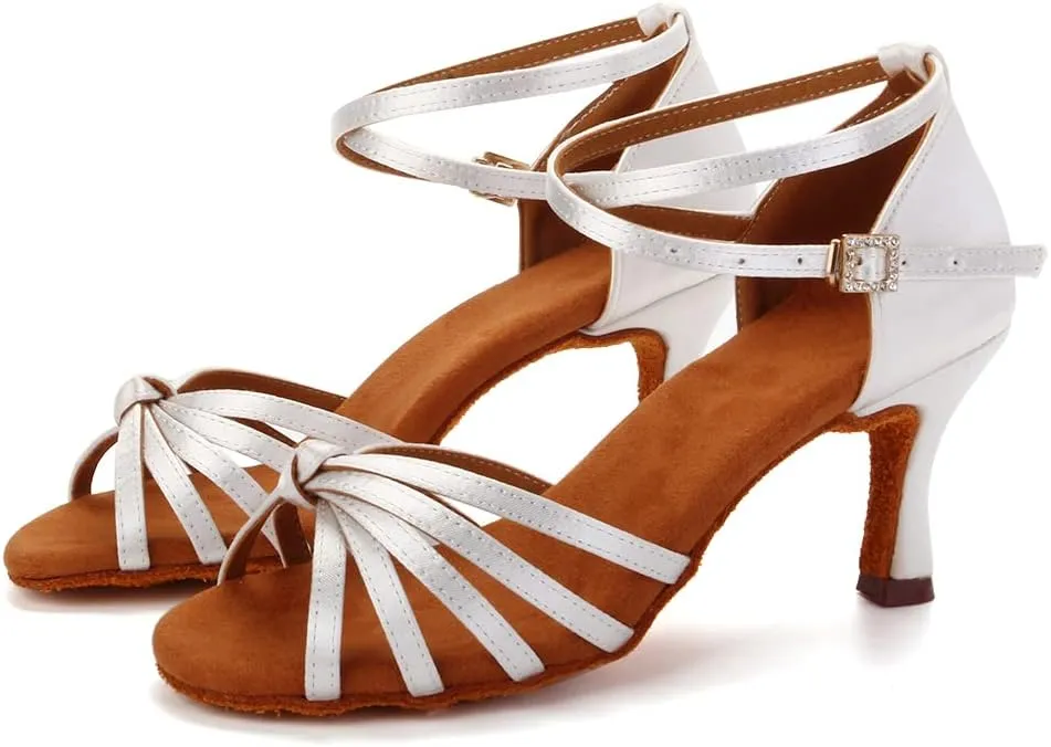 Women Latin Dance Shoes Satin Professional Ballroom Salsa Practice Performance Dance Shoes, Model EM-217GB-7cm