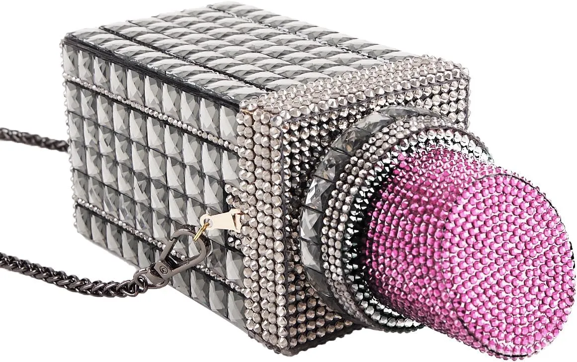 Women Lipstick Shape Inlaid Rhinestone Crystal Glitter Evening Bags Purses Clutch Sparkly Banquet Handbag