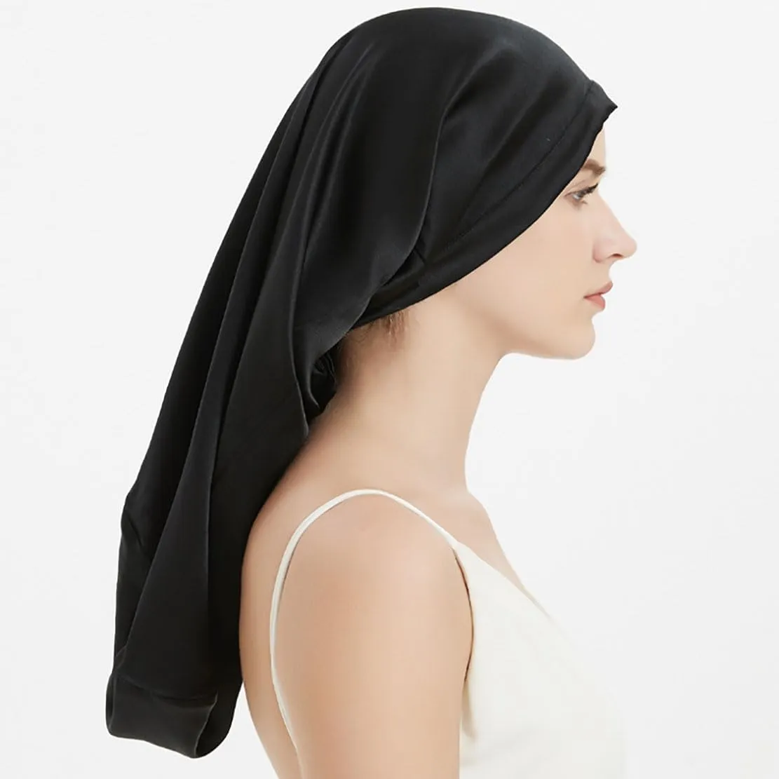 Women Long Satin Bonne Silk Sleeping Cap Wide Elastic Band Night Braids Curly Hair Natural Soft Comfortable Stretchy