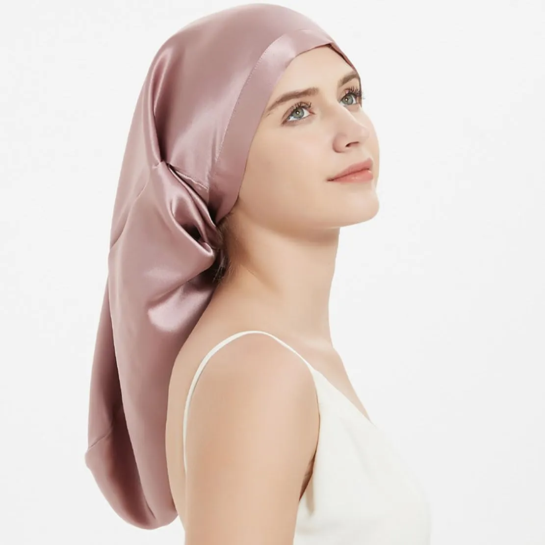 Women Long Satin Bonne Silk Sleeping Cap Wide Elastic Band Night Braids Curly Hair Natural Soft Comfortable Stretchy