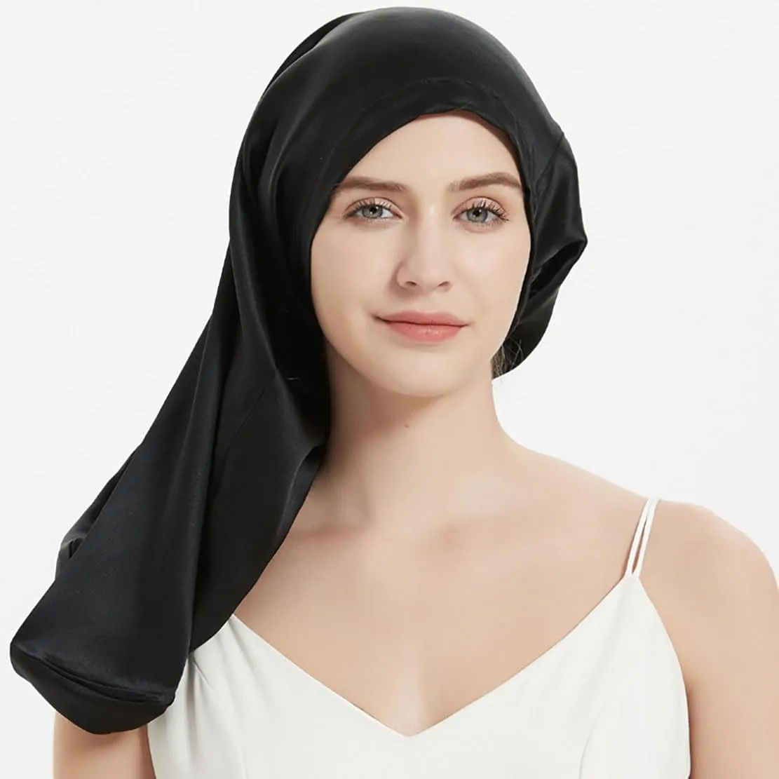 Women Long Satin Bonne Silk Sleeping Cap Wide Elastic Band Night Braids Curly Hair Natural Soft Comfortable Stretchy
