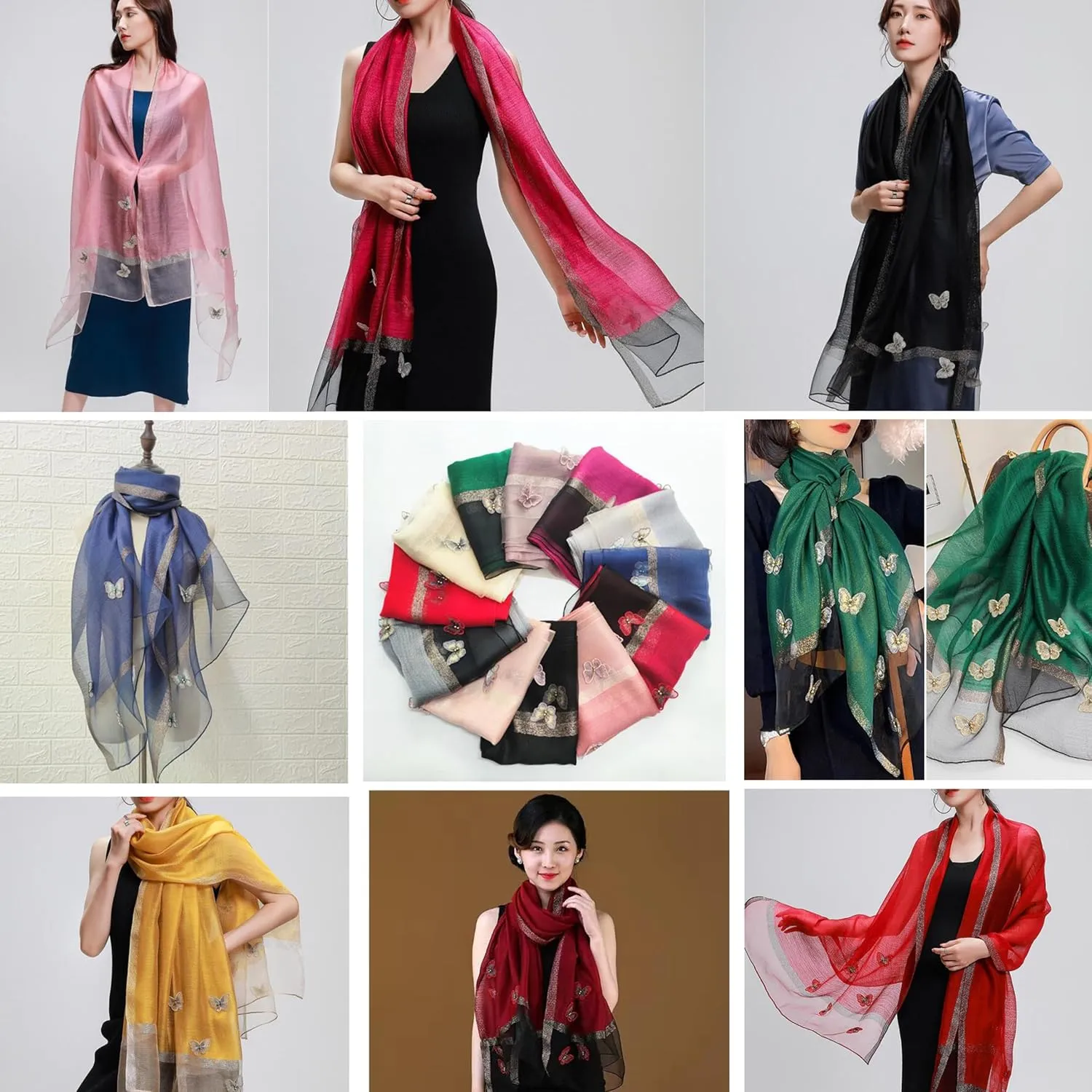 Women Mulberry Silk Scarf Lightweight Scarves Embroidered Butterfly Shawls and Wraps for Evening Dresses