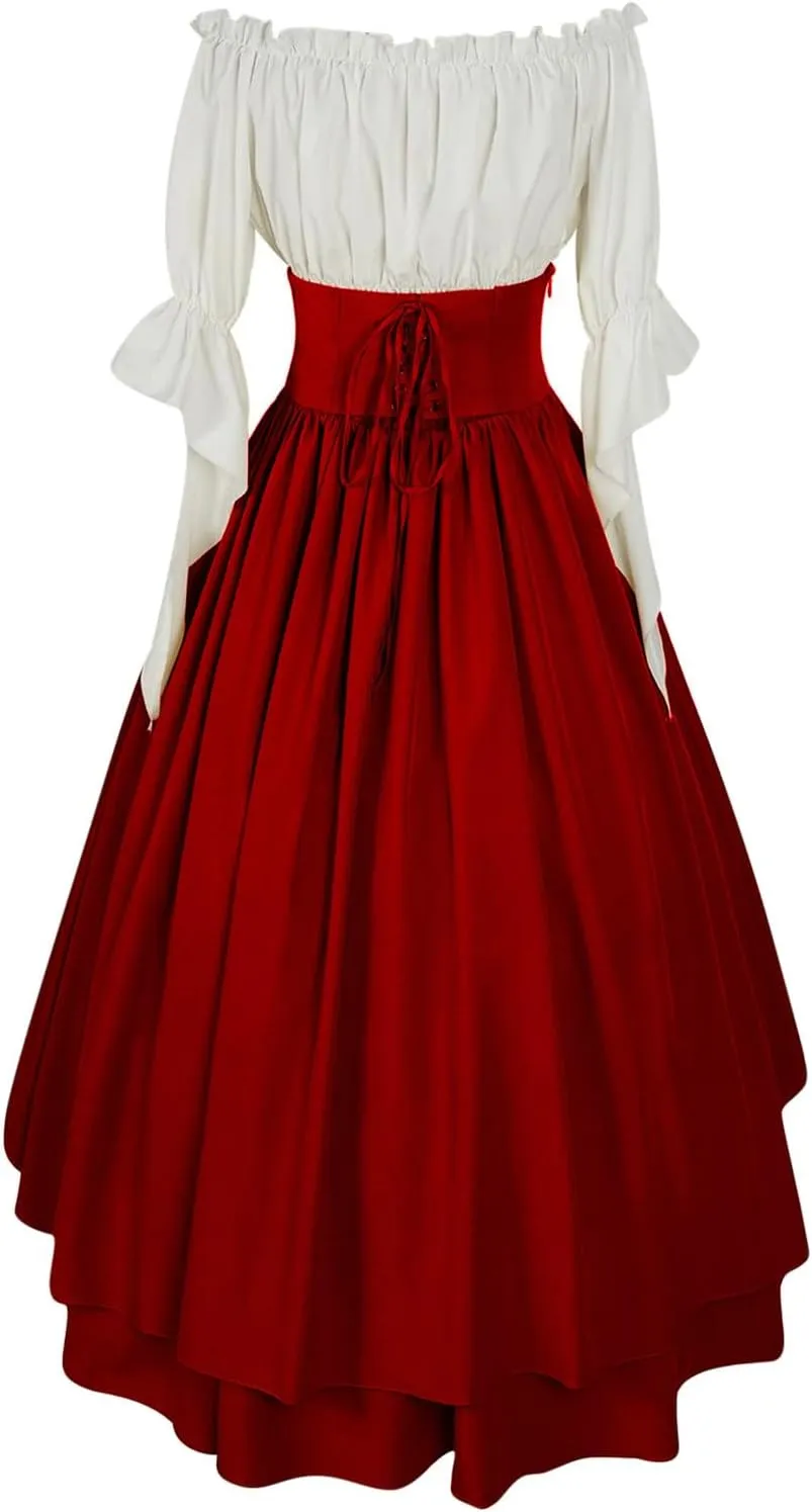 Women Off Shoulder Fairy Court Dress Ruffle Puff Sleeve Cinch Waist Corset Dresses Irish Medieval Peasant Dress