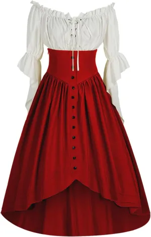 Women Off Shoulder Fairy Court Dress Ruffle Puff Sleeve Cinch Waist Corset Dresses Irish Medieval Peasant Dress