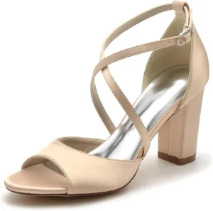 Women Open Toe Chunky Heel Shoes Strappy Wedding Party Bridal Sandals Evening Crisscross Straps High Heels