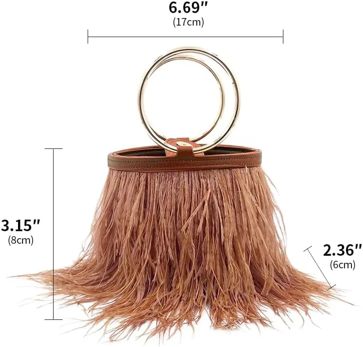 Women Ostrich Fluffy Tote Bag Feather Purse Crossbody Bag Shoulder Bag Evening Clutch Bride Purse Banquet Party Brown