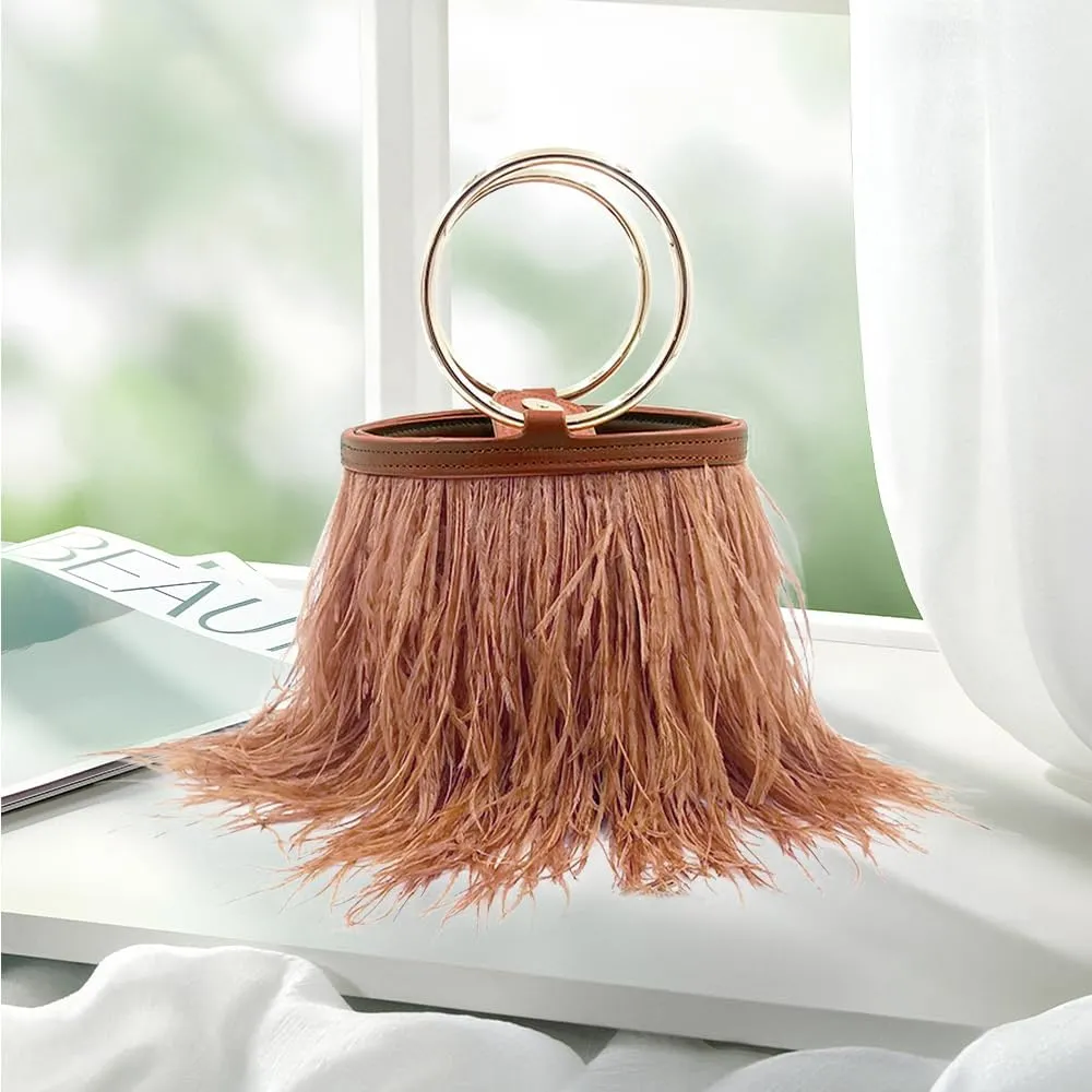 Women Ostrich Fluffy Tote Bag Feather Purse Crossbody Bag Shoulder Bag Evening Clutch Bride Purse Banquet Party Brown