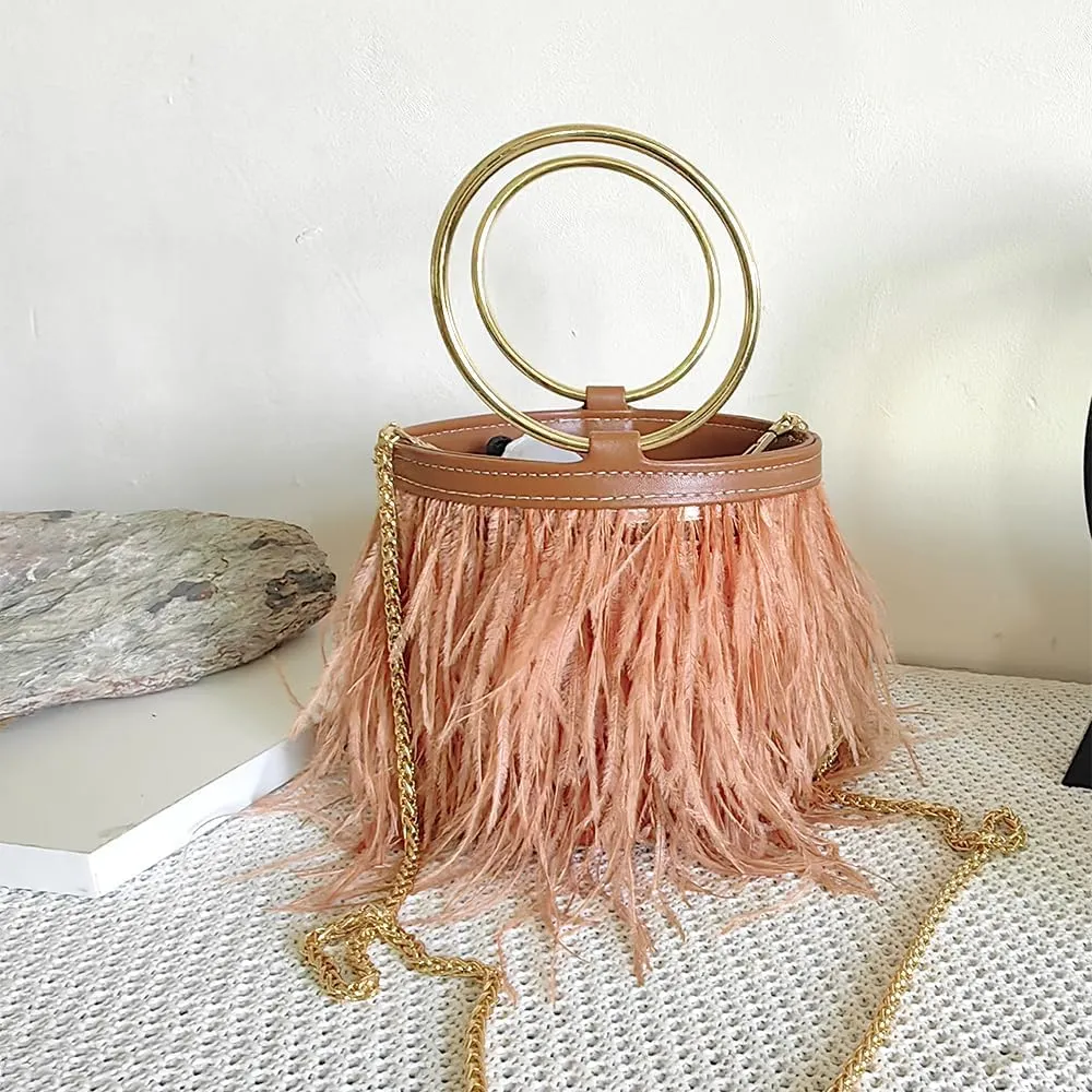 Women Ostrich Fluffy Tote Bag Feather Purse Crossbody Bag Shoulder Bag Evening Clutch Bride Purse Banquet Party Brown