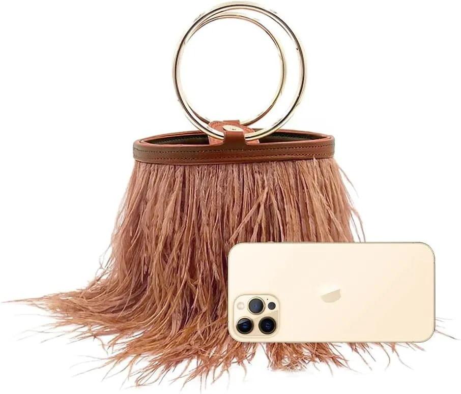 Women Ostrich Fluffy Tote Bag Feather Purse Crossbody Bag Shoulder Bag Evening Clutch Bride Purse Banquet Party Brown