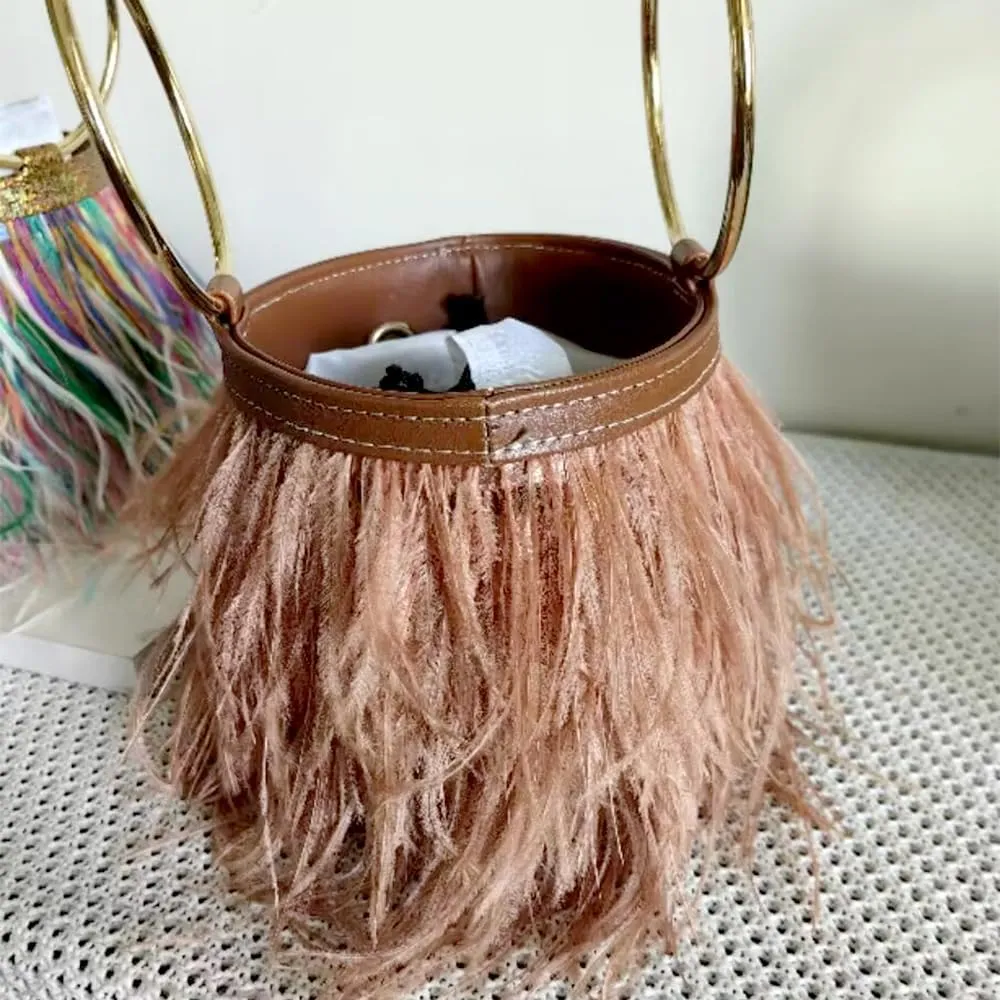 Women Ostrich Fluffy Tote Bag Feather Purse Crossbody Bag Shoulder Bag Evening Clutch Bride Purse Banquet Party Brown