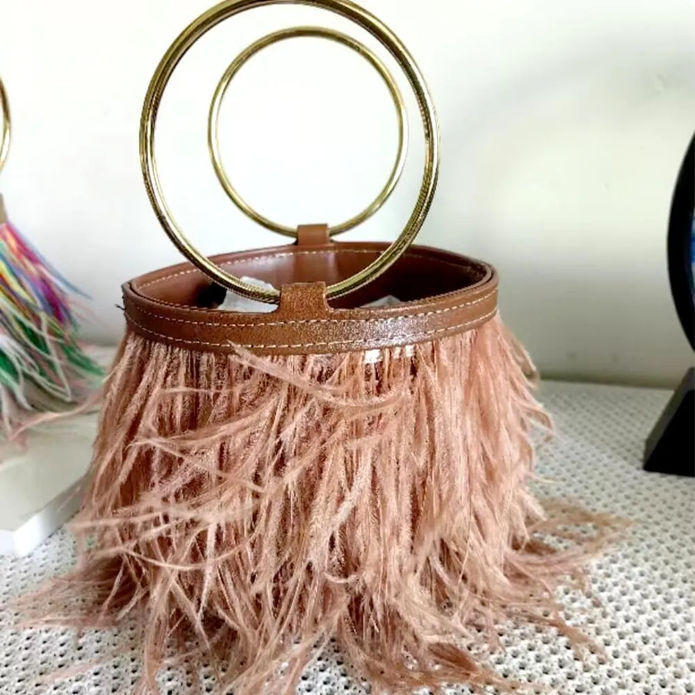 Women Ostrich Fluffy Tote Bag Feather Purse Crossbody Bag Shoulder Bag Evening Clutch Bride Purse Banquet Party Brown