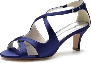 Women Peep Toe Heel Wedding Cross Strap Bridal Shoes Satin Sandals Ankle Strap Party Prom Pumps Mid Heel