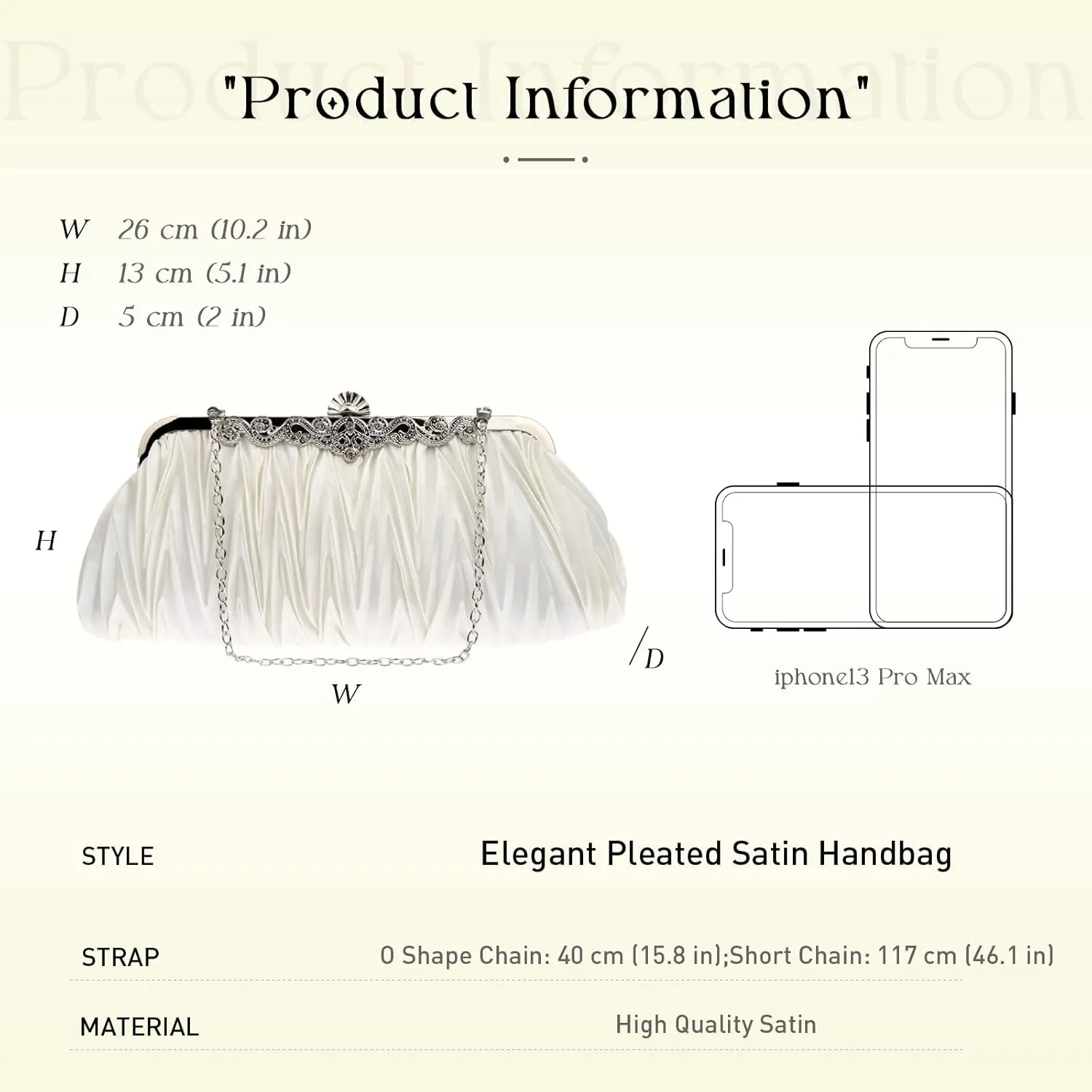 Women Pleated Clutch Bag with Adjustable Chain Handbag Dumpling Pouch for Wedding, Bridal, Prom, Party
