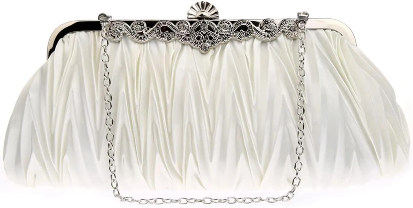 Women Pleated Clutch Bag with Adjustable Chain Handbag Dumpling Pouch for Wedding, Bridal, Prom, Party
