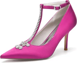 Women Pointed Toe Pumps Shoes Heel Wedding Bridal Shoes T-Strap Dress Party Rhinestone Shoes