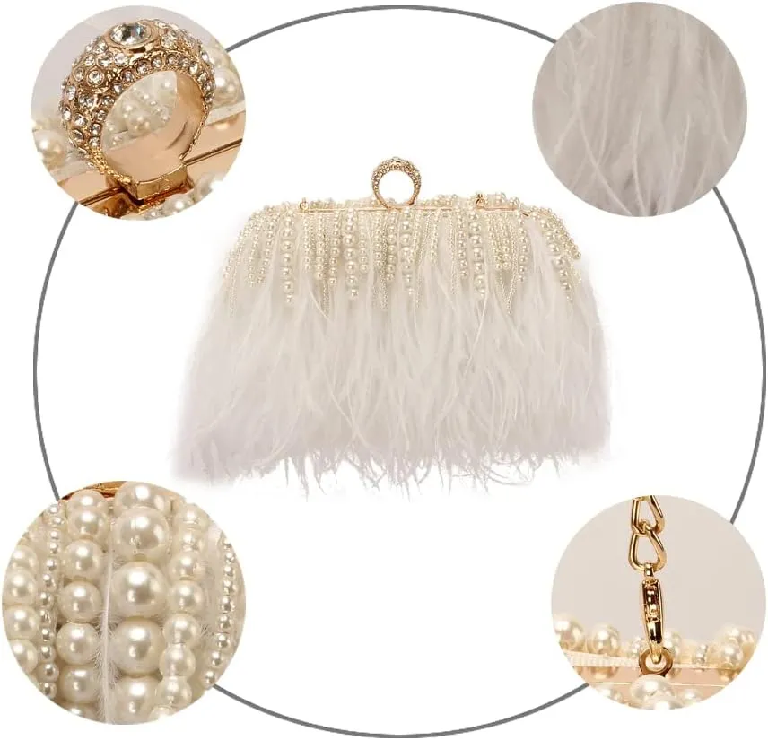 Women Real Natural Ostrich Feather Evening Bags Purses Clutch Vintage Banquet Handbag