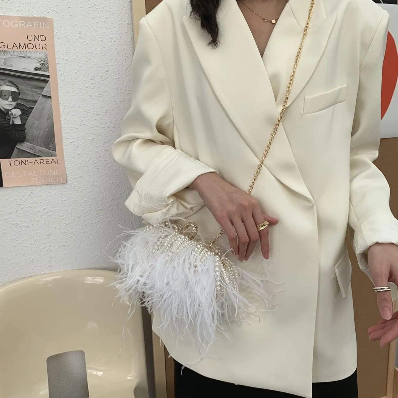 Women Real Natural Ostrich Feather Evening Bags Purses Clutch Vintage Banquet Handbag