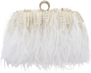 Women Real Natural Ostrich Feather Evening Bags Purses Clutch Vintage Banquet Handbag
