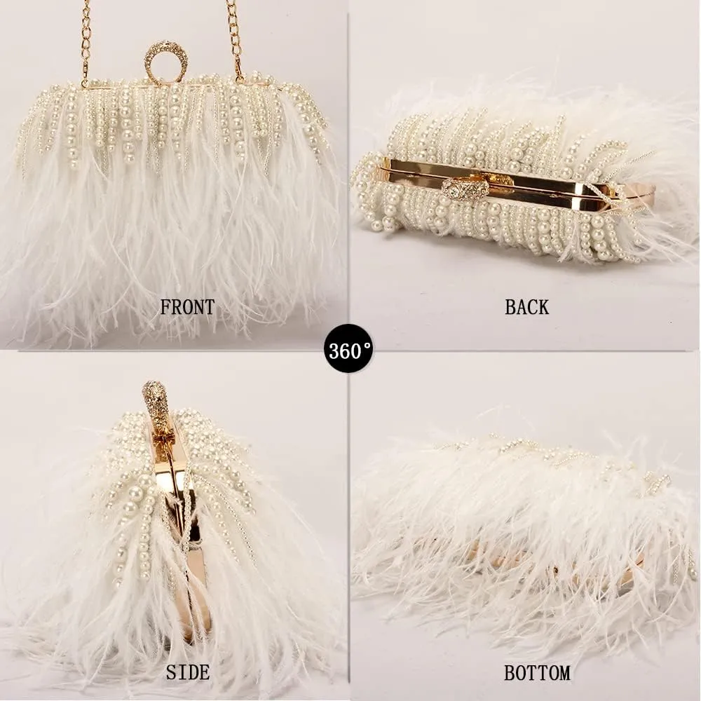 Women Real Natural Ostrich Feather Evening Bags Purses Clutch Vintage Banquet Handbag