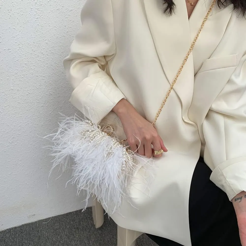 Women Real Natural Ostrich Feather Evening Bags Purses Clutch Vintage Banquet Handbag