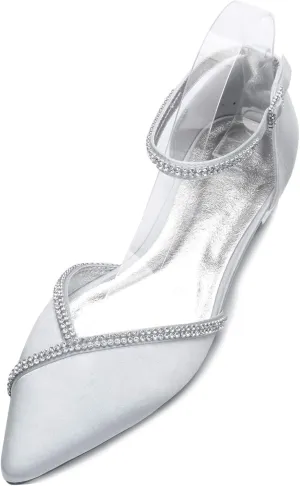 Women Satin Wedding Shoes for Bride Flats Pointed Toe Crystals Party Dress Bridesmaid Shoes 5047-1
