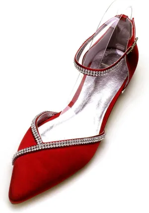 Women Satin Wedding Shoes for Bride Flats Pointed Toe Crystals Party Dress Bridesmaid Shoes 5047-1