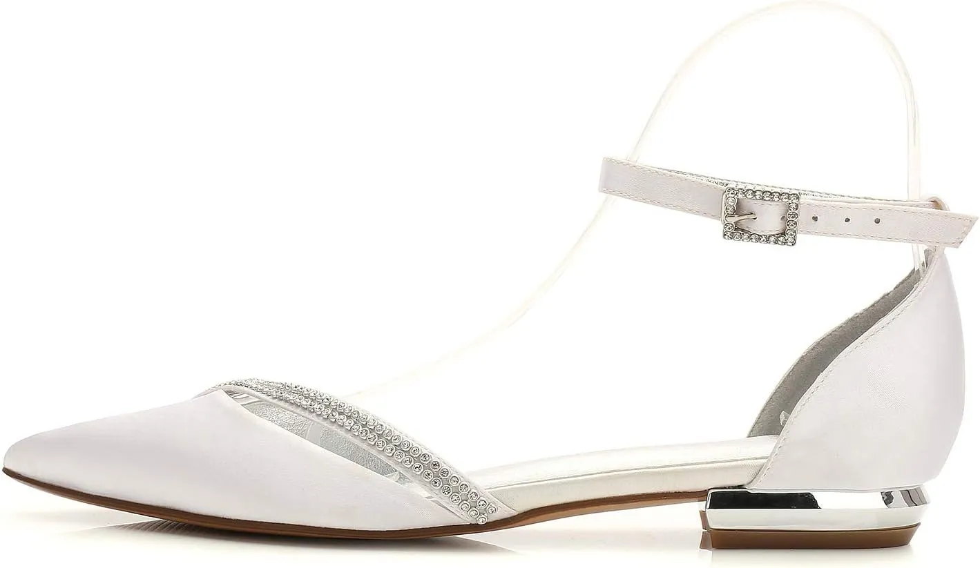 Women Satin Wedding Shoes for Bride Flats Pointed Toe Crystals Party Dress Bridesmaid Shoes 5047-1