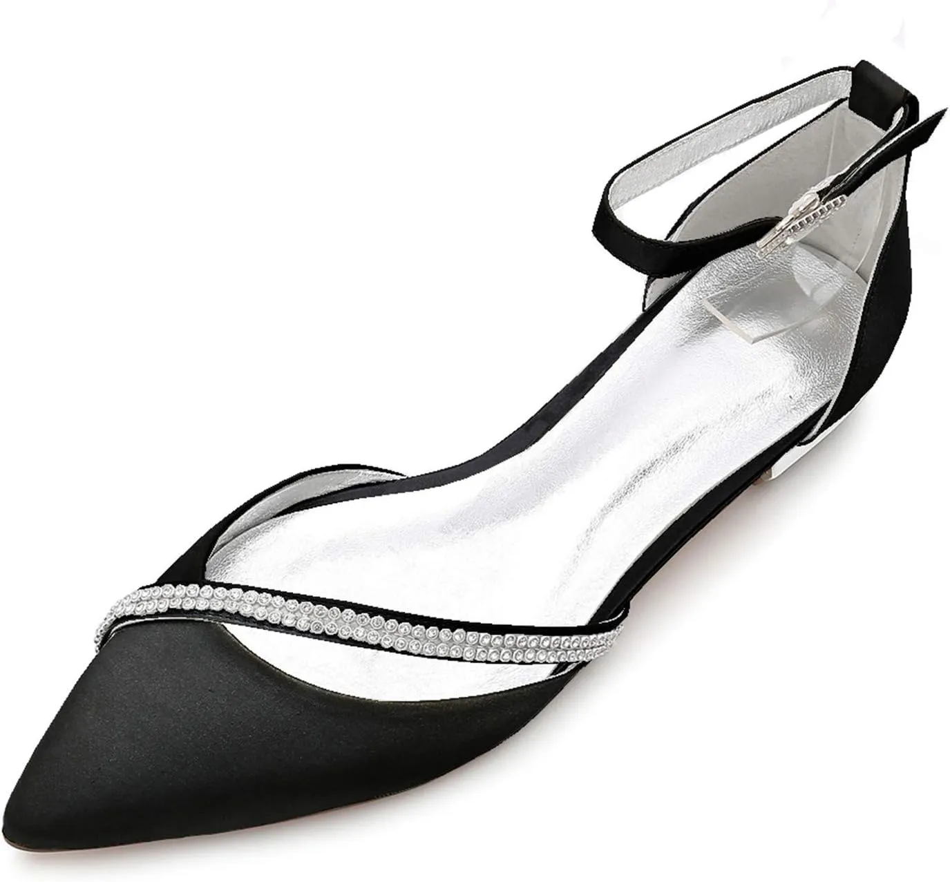 Women Satin Wedding Shoes for Bride Flats Pointed Toe Crystals Party Dress Bridesmaid Shoes 5047-1