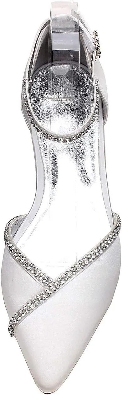 Women Satin Wedding Shoes for Bride Flats Pointed Toe Crystals Party Dress Bridesmaid Shoes 5047-1