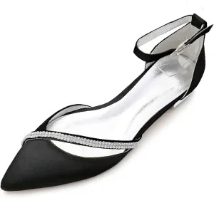 Women Satin Wedding Shoes for Bride Flats Pointed Toe Crystals Party Dress Bridesmaid Shoes 5047-1